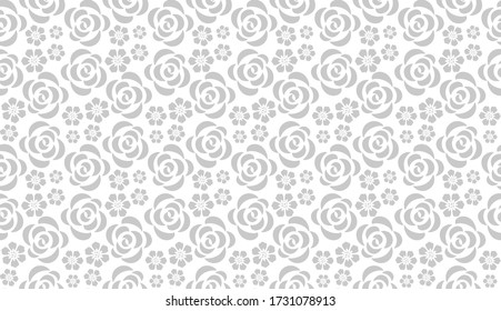 Flower pattern with roses. Seamless white and gray ornament. Graphic vector background. Ornament for fabric, wallpaper, packaging