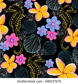 flower pattern with sea horse and shell