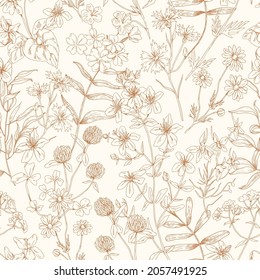 Flower pattern. Seamless background with floral herbs. Vintage botanical monochrome print with wild field and meadow plants. Repeatable herbal texture. Hand-drawn vector illustration in retro style.