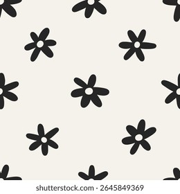 Flower pattern, seamless background, repeating design. Endless black and white floral texture, daisies and chamomiles print in groovy doodle style. Flat vector illustration for textile, wallpaper