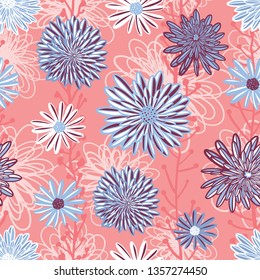 Flower pattern seamless background vector. Floral arrangement with layered Aster, Daisy, Chamomile flowers in coral pink blue white purple. Hand drawn feminine art for summer, spring, fabric, paper.