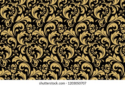 Flower pattern. Seamless black and gold ornament. Graphic vector background. Ornament for fabric, wallpaper, packaging