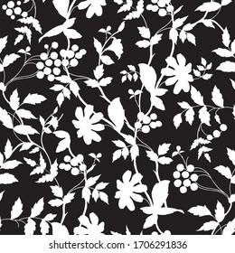 Flower pattern, seamless black and white chrysanthemum print. Plants vector illustration 