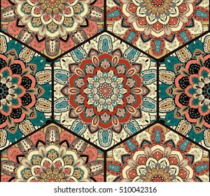 Flower Pattern. Seamless blue brown tile boho background. Intricate floral hexagon design element for wallpaper, gift paper, fabric print, furniture, curtain. Unusual honey comb decorative ornament.