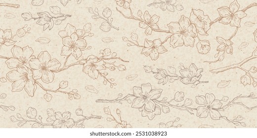 Flower pattern. Seamless cherry floral background. Sakura blossom japanese craft paper. Line abstract spring art, sketch print. Elegant texture gold beige vintage vector. Cherry flower branch pattern