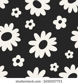 Padrão de flores. Design floral sem costura com flores margaridas, repetindo flores groovy em estilo retro preto e branco. Fundo infinito, impressão, textura para embalagem, têxtil. Ilustração de vetor plano