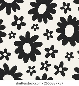 Padrão de flores. Impressão floral perfeita com flores de margarida em estilo preto e branco groovy. Textura da natureza com flores. Fundo repetitivo infinito para design têxtil. Ilustração de vetor plano