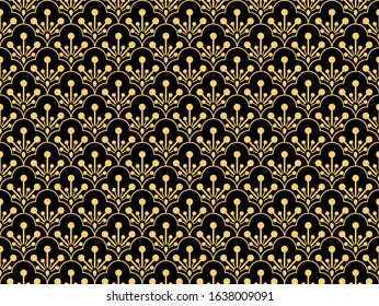 Flower pattern. Seamless gold and black ornament. Graphic vector background. Ornament for fabric, wallpaper, packaging