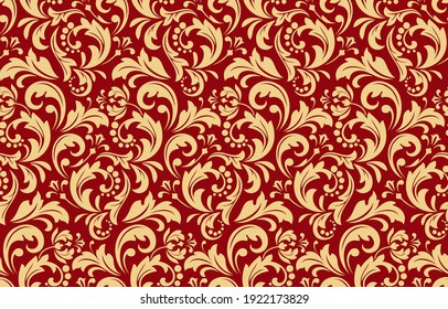 Flower pattern. Seamless gold and red ornament. Graphic vector background. Ornament for fabric, wallpaper, packaging