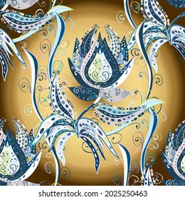 Flower pattern seamless on blue, brown and beige colors, hand-drawn chamomiles, daisies. Repeating floral backdrop, Elegant blue, brown and beige flowers wallpaper.