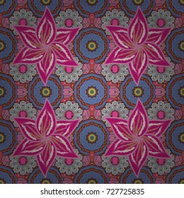 Flower pattern seamless on blue, pink and magenta colors, hand-drawn chamomiles, daisies. Repeating floral backdrop, Elegant blue, pink and magenta flowers wallpaper.