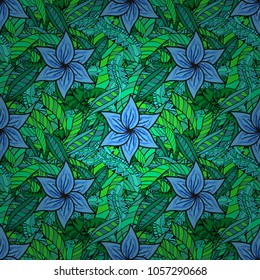 Flower pattern seamless on green, blue, black, gray and violet colors, hand-drawn chamomiles, daisies. Repeating floral backdrop, Elegant green, blue, black, gray and violet flowers wallpaper.