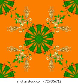 Flower pattern seamless on orange, green and yellow colors, hand-drawn chamomiles, daisies. Repeating floral backdrop, Elegant orange, green and yellow flowers wallpaper.