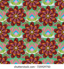 Flower pattern seamless on red, green and black colors, hand-drawn chamomiles, daisies. Repeating floral backdrop, Elegant red, green and black flowers wallpaper.