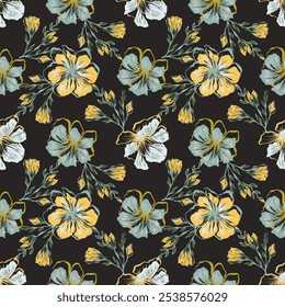 flower pattern seamless, silhouette of hibiscus flowers, hand drawn botanical.	
