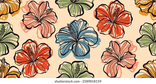 flower pattern seamless, silhouette of hibiscus flowers, hand drawn botanical.
