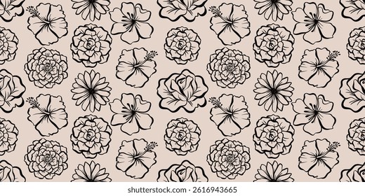 flower pattern seamless, silhouette of hibiscus flowers, hand drawn botanical.
