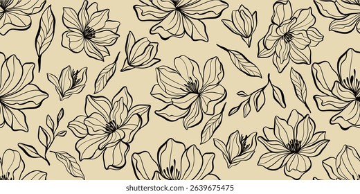 flower pattern seamless, silhouette of hibiscus flowers, hand drawn botanical.