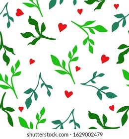 Flower pattern. Seamless spring pattern of twigs, hearts. summer, green twigs, leaves. red hearts. Valentine's Day, Mother's Day, textile design, birthday.