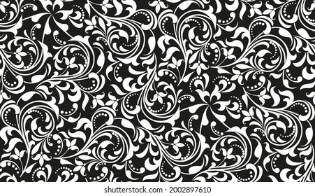 Flower pattern. Seamless white and black ornament. Graphic vector background. Ornament for fabric, wallpaper, packaging