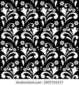 Flower pattern. Seamless white and black ornament. Graphic vector background. Ornament for fabric, wallpaper, packaging