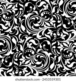 Flower pattern. Seamless white and black ornament. Graphic vector background. Ornament for fabric, wallpaper, packaging.