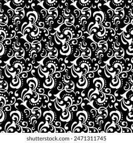 Patrón de flores. Adorno blanco y negro sin costuras. Fondo de Vector gráfico. Adorno para tela, Fondo de pantalla, embalaje.