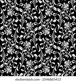 Blumenmuster. Nahtloses weißes und schwarzes Ornament. Grafikvektorhintergrund.