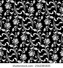 Flower pattern. Seamless white and black ornament. Graphic vector background.