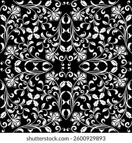Flower pattern. Seamless white and black ornament. Graphic vector background.