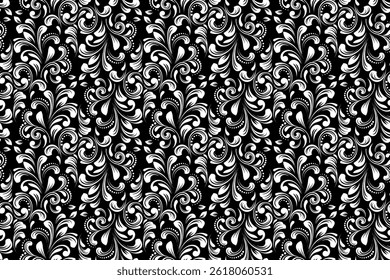 Flower pattern. Seamless white and black ornament. Graphic vector background.