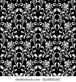 Patrón de flores. Adorno blanco y negro sin costuras. Fondo de Vector gráfico.