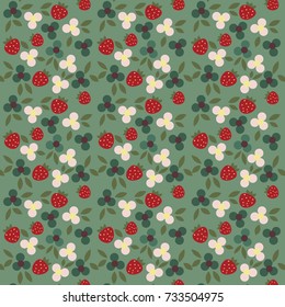 flower pattern with strawberry on green background vector