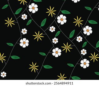 Flower pattern for textile, daisy flowers, green leaves, flower bail pattern, yellow flower for fabric, clothing, curtains, blanket. Black background.