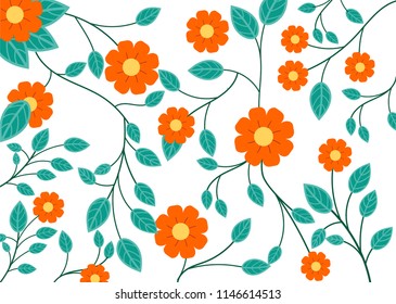 Flower pattern textill with orange flowers and leaves isolated on white background