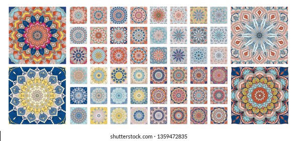 Flower pattern tiles set. Intricate floral ornament. Round decorative element in square shape. One design - different coloring. For wall, floor, interior, greeting card, invitation. Vector background.
