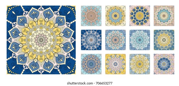 Flower pattern tiles set. Intricate floral ornament. Round decorative element in square shape. One design - different coloring. For wall, floor, interior, greeting card, invitation. Vector background.