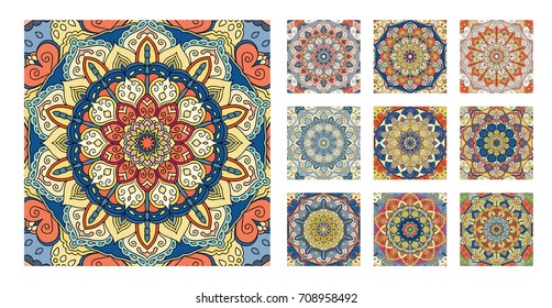 Flower pattern tiles set. Intricate floral ornament. Round decorative element in square shape. One design - different coloring. For wall, floor, interior, greeting card, invitation. Vector background.