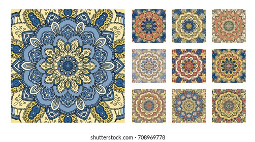 Flower pattern tiles set. Intricate floral ornament. Round decorative element in square shape. One design - different coloring. For wall, floor, interior, greeting card, invitation. Vector background.