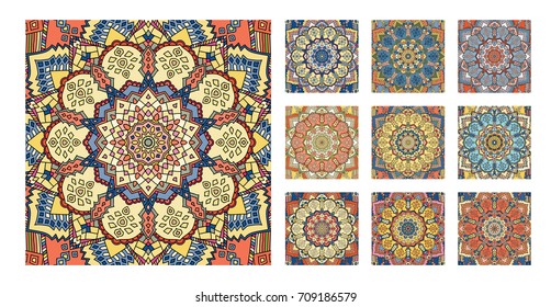 Flower pattern tiles set. Intricate floral ornament. Round decorative element in square shape. One design - different coloring. For wall, floor, interior, greeting card, invitation. Vector background.