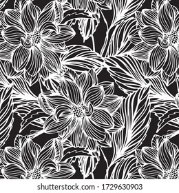 Flower pattern, tropical, exotic foliage. Vector artwork background in line-art style. can be used for wallpaper, pattern fills, web page background, surface textures. 