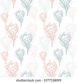Flower pattern with tropical king proteas in blossom on white background. Hand drawn line style vector illustration. Vintage seamless pattern in red, green, blue and beige colours.
