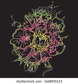 Flower pattern. Twisting elements, buds and leaves. Large inflorescences and branches. Freehand sketch. Bright outline on a black background.
