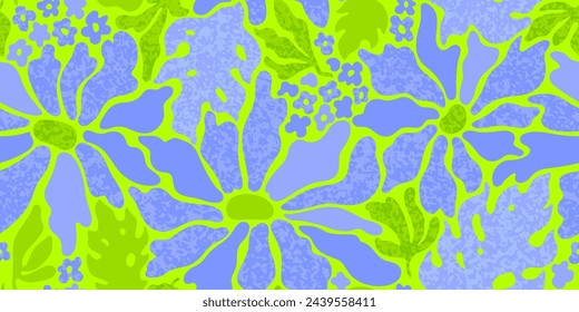 Flower pattern vector. Abstract floral background. Neon blue green funky aesthetic seamless art. Summer spring liquid shape print. Y2k color design leaf flower pattern. Modern irregular background