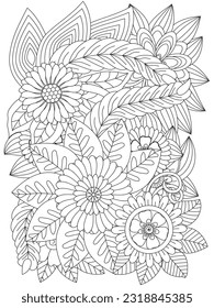 Flower pattern. Vector doodle flowers in black and white. Doodle floral pattern in black and white. Vector black and white colorin page for colouring book. Coloring pages for adult.