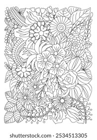 Flower pattern. Vector doodle flowers in black and white. Page adult coloring book. Coloring Flower Page.