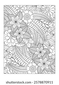 Flower pattern. Vector doodle flowers in black and white. Page adult coloring book. Coloring Flower Page.