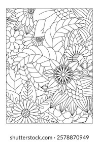 Flower pattern. Vector doodle flowers in black and white. Page adult coloring book. Coloring Flower Page.