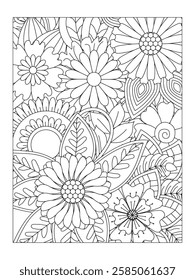 Flower pattern. Vector doodle flowers in black and white. Page adult coloring book. Coloring Flower Page. Books for adults.