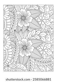 Flower pattern. Vector doodle flowers in black and white. Page adult coloring book. Coloring Flower Page. Books for adults.